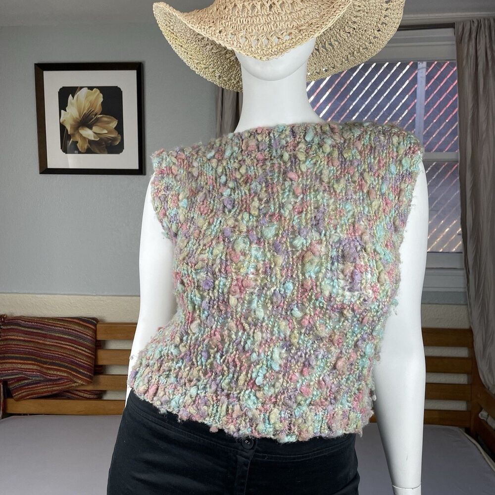 Chunky Wool Loose Knit Sweater Vest Top Women’s L Pastel Multicolor Boat Neck